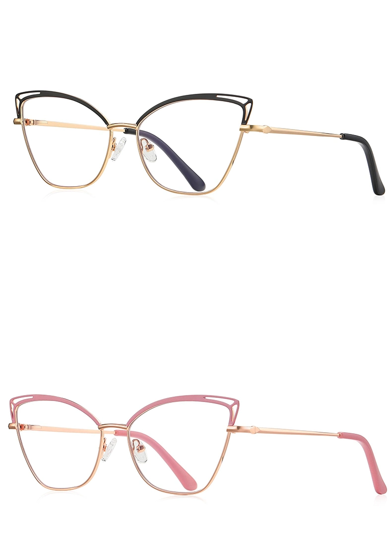 Luxury Adorable Cat Eye Shape Design with Hollowed-out Brow Bar on Top Elegant Stainless Steel Lady Stock Optical Frames