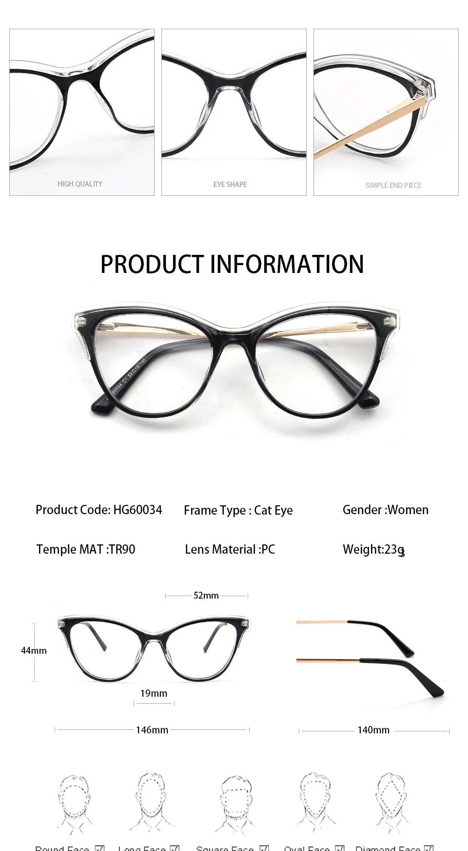 Higo 2023 Competitive Tr90 Optical Frames Design Good Quality