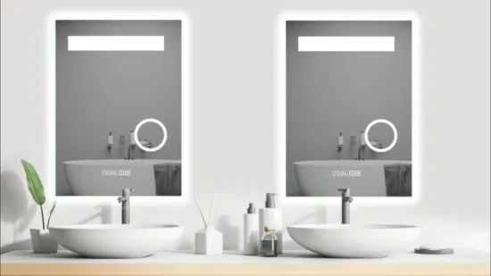 Specchio cosmetico per camera da letto piatto rettangolare argentato illuminato a LED, antiappannamento